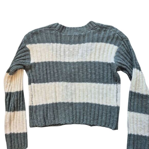 SO Women's Sage Green & White Cotton/Acrylic Striped Sweater Ribbed Knit Button - Picture 3 of 9
